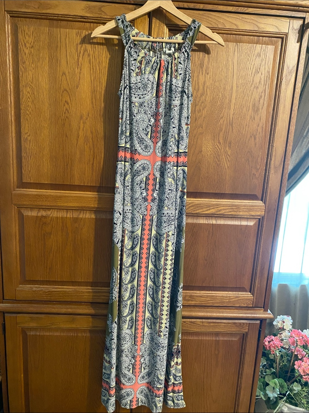 Cato Paisley Panel Maxi Dress in Coral, Olive & Black